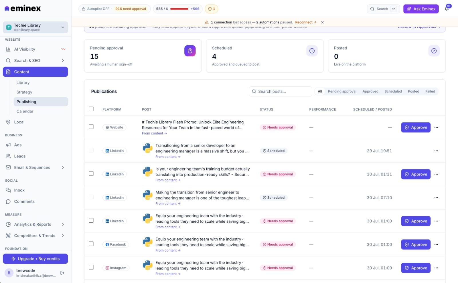 The Eminex publishing queue, showing generated posts for Website, LinkedIn, Facebook and Instagram waiting on approval